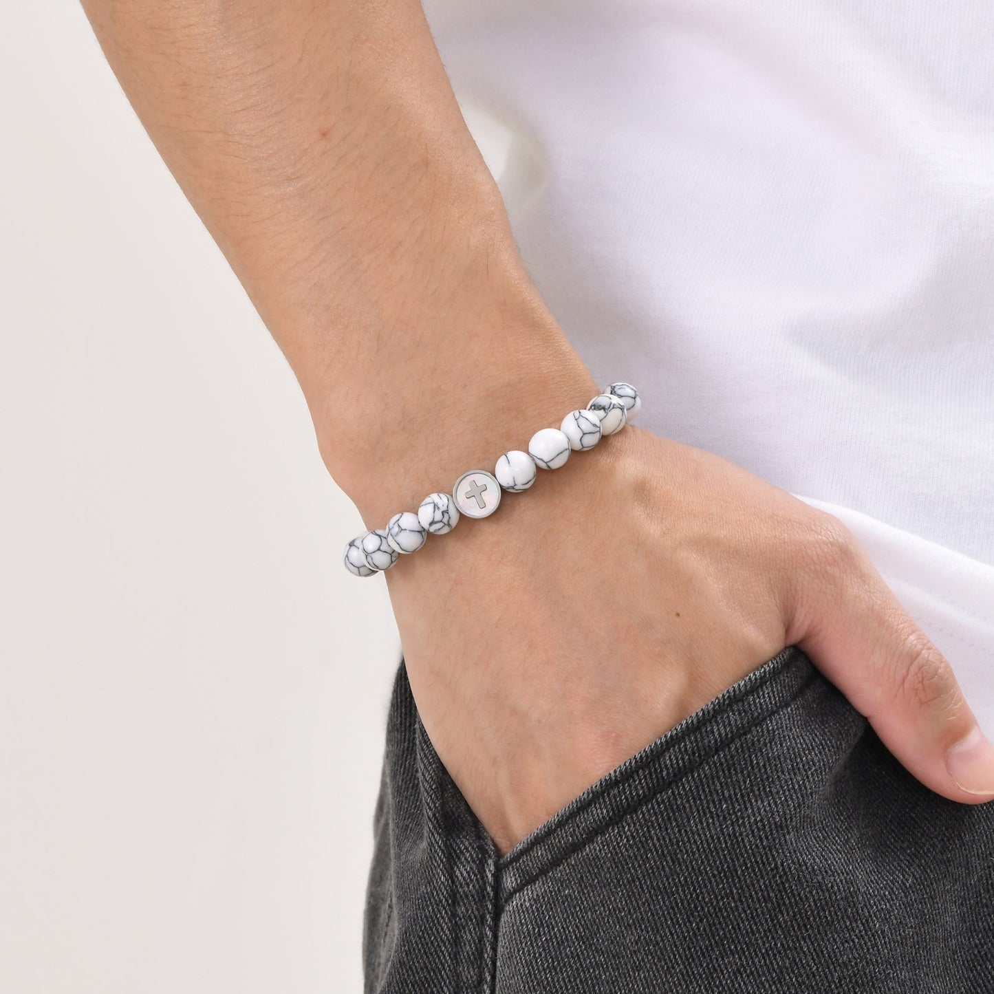 Kemstone Stainless Steel Cross Beaded Bracelet for Men – Adjustable Natural Stone CB-194
