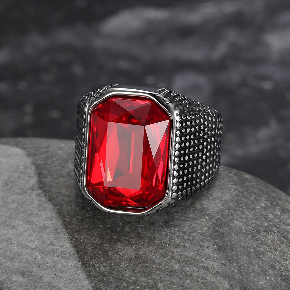 Kemstone Hip-hop Retro Distressed Zircon Men's Ring - Wide Band Stainless Steel Edgy Single Statement Piece TR0441