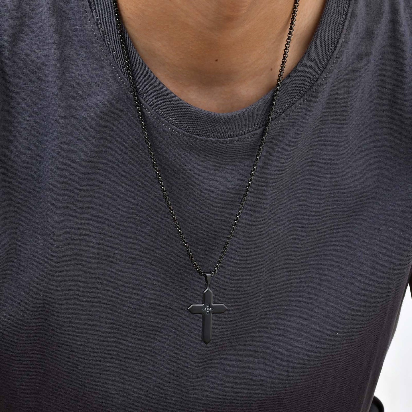 Kemstone Stainless Steel Brushed Cross Pendant Necklace with Cubic Zirconia – Square Link Chain for MenPN-2198