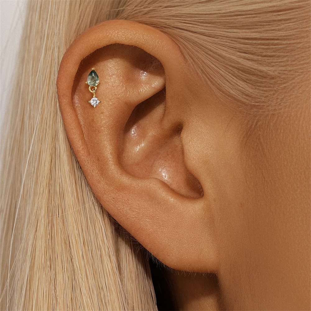 Kemstone S925 Sterling Silver Moss Agate Cartilage Stud Earrings for Women