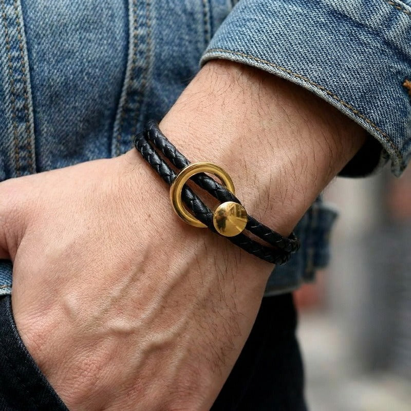 Kemstone Double Wrap Leather Bracelet for Men Titanium Steel Circle Clasp KB213788-GC