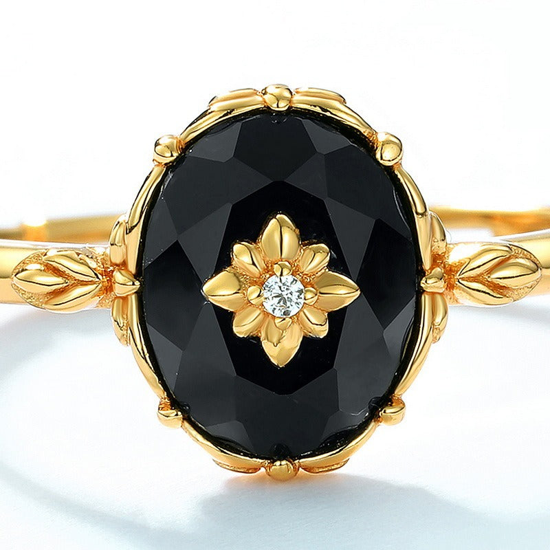 Anillo de ónix negro vintage de diseño original artesanal de Kemstone - Plata S925 ajustable con baño de oro de 10 quilates
