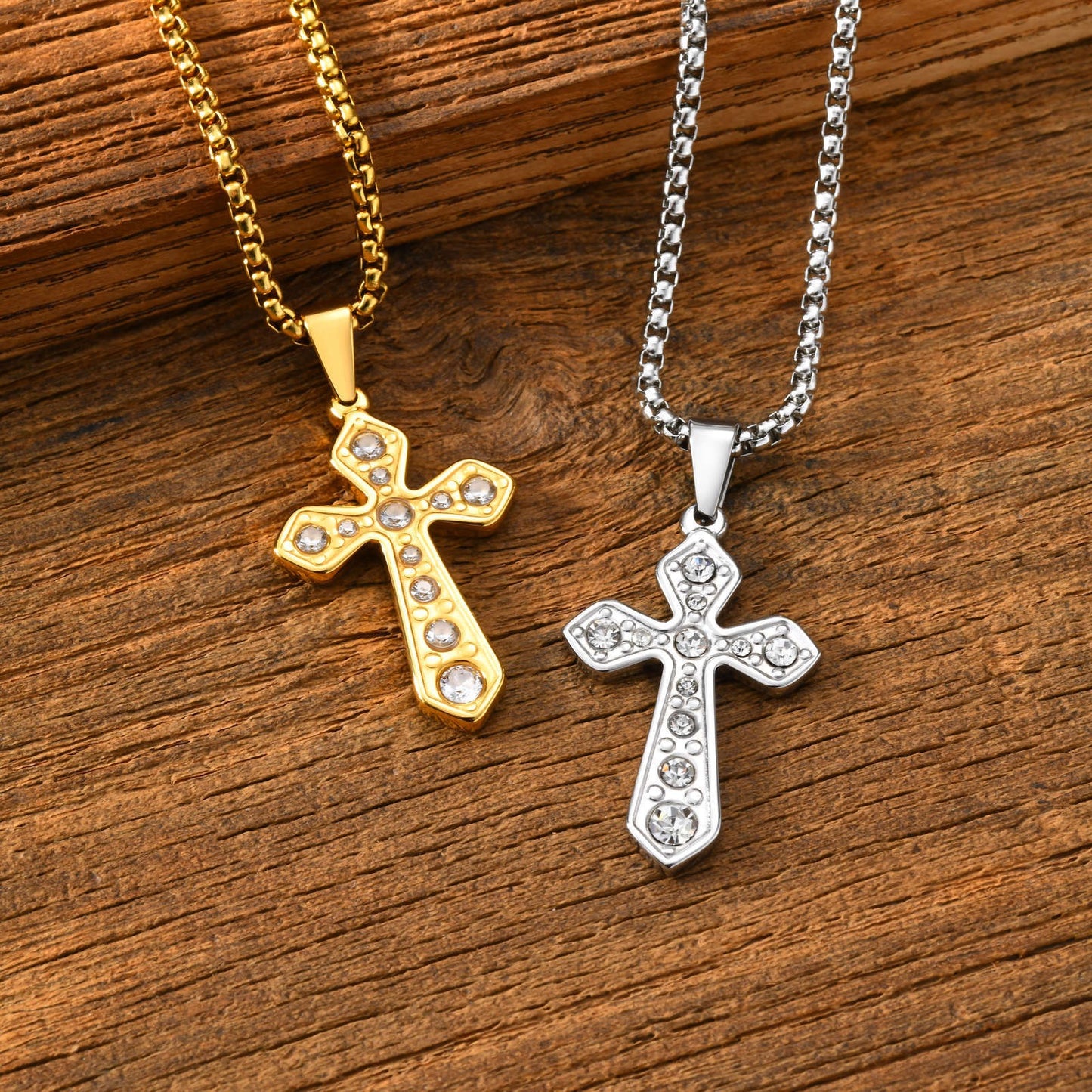 Kemstone Cross Pendant Necklace for Men Gold Plated Stainless Steel Cubic Zirconia Vintage Chain PN-2288