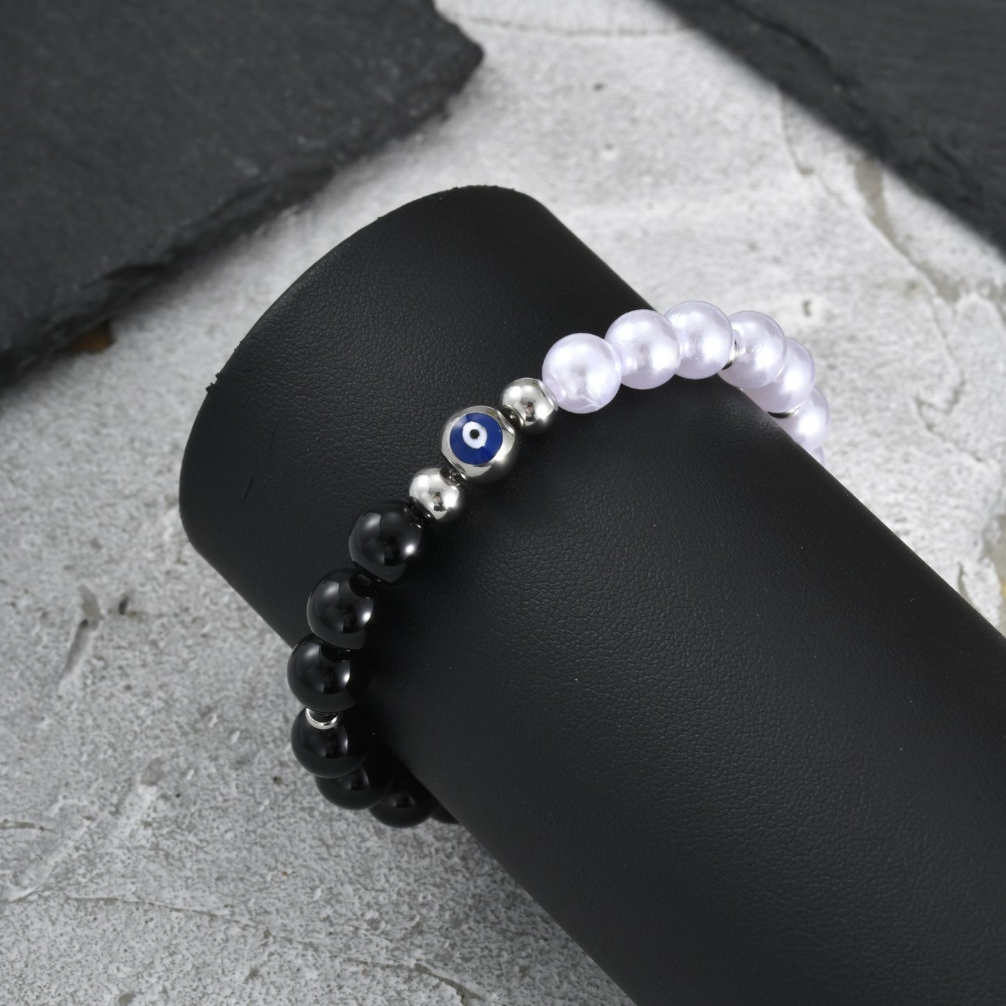 Kemstone Black Onyx Pearl Bead Bracelet for Men Stainless Steel Blue Eye Detail BR-2918