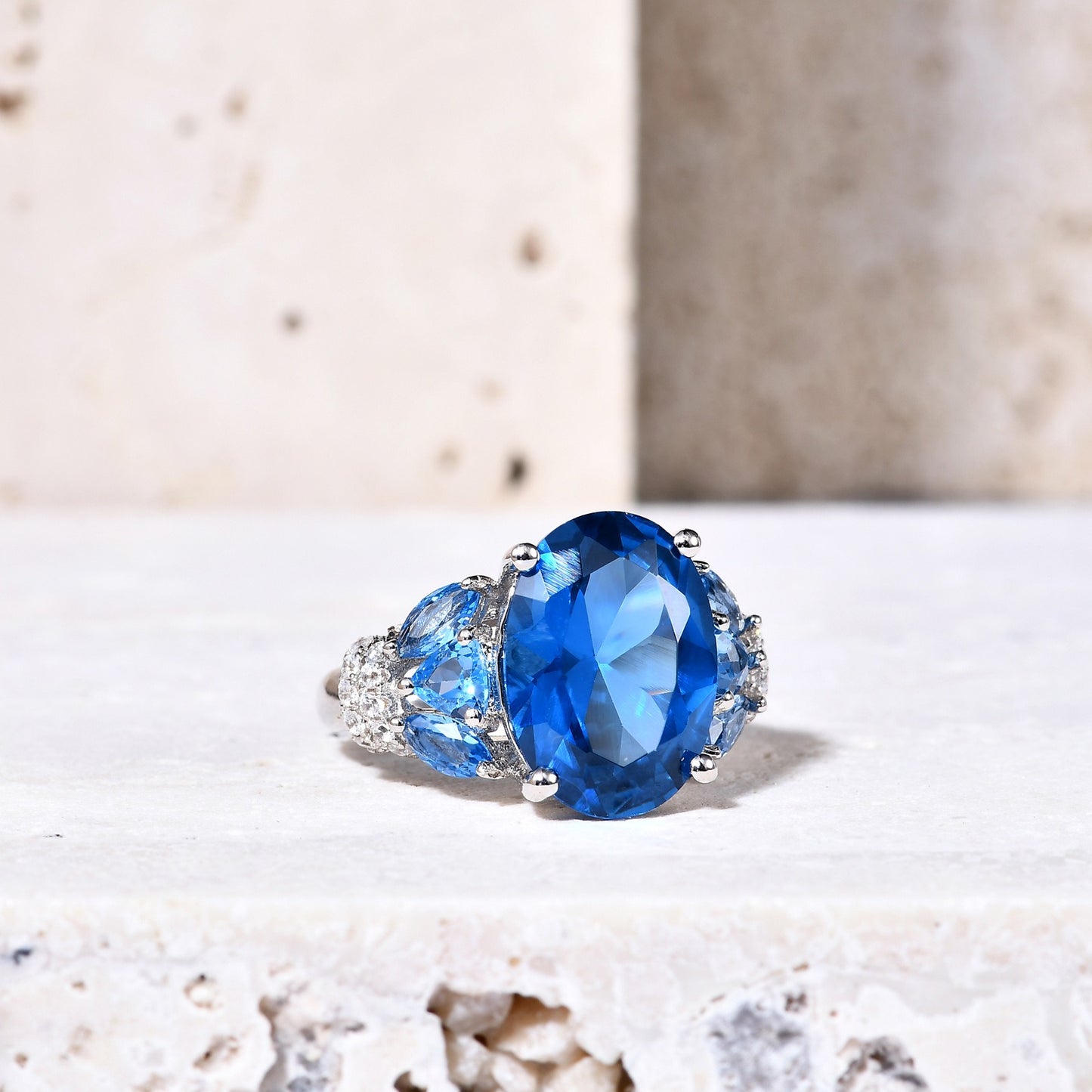 Kemstone Handcrafted Original Design 7.0 Carat Lab Blue Spinel Gemstone Ring - Classic Oval Design, 925 Sterling Silver Setting,K244281E