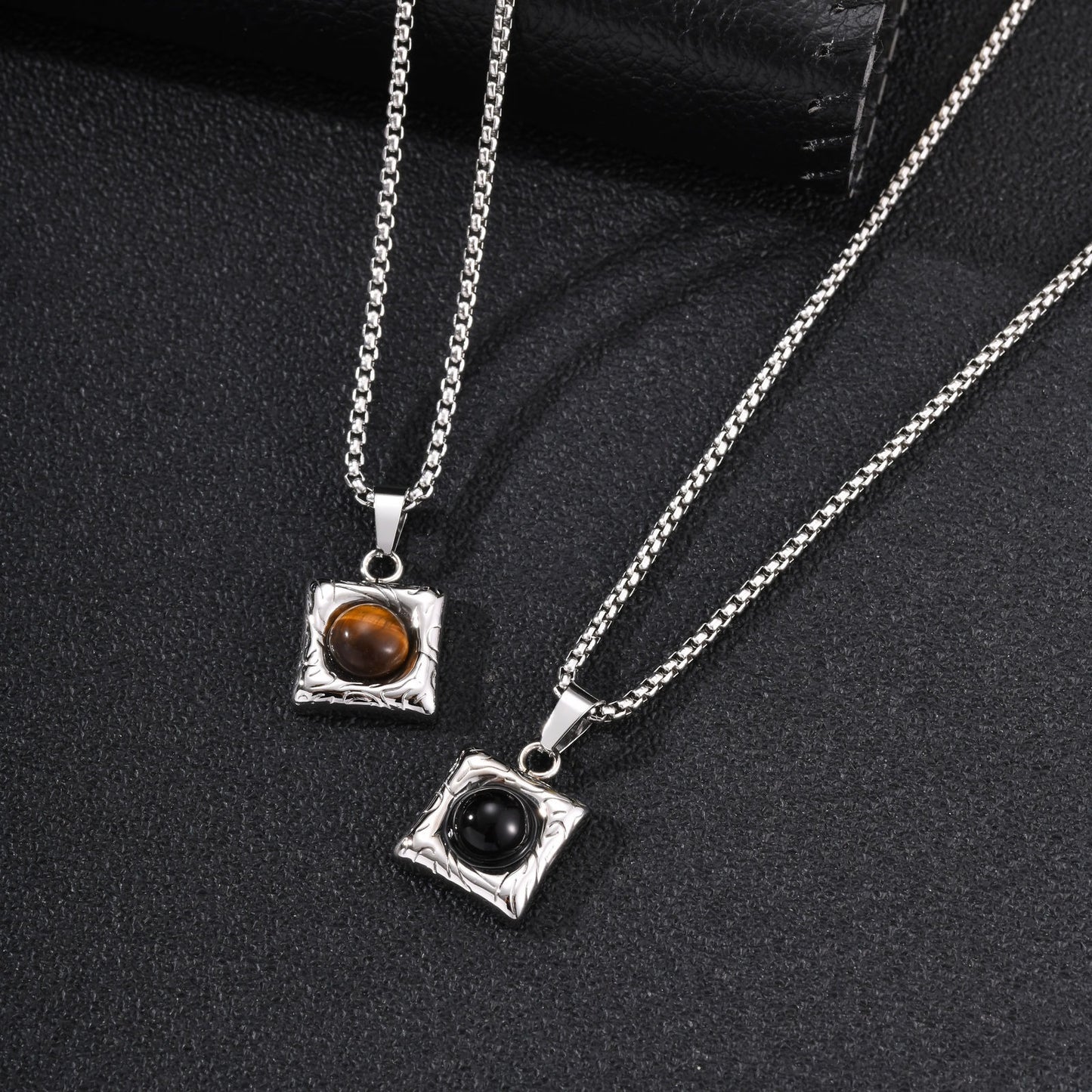 Kemston Stainless Steel Black Onyx Square Pendant Necklace for Men Minimal Stone Design PN-2421