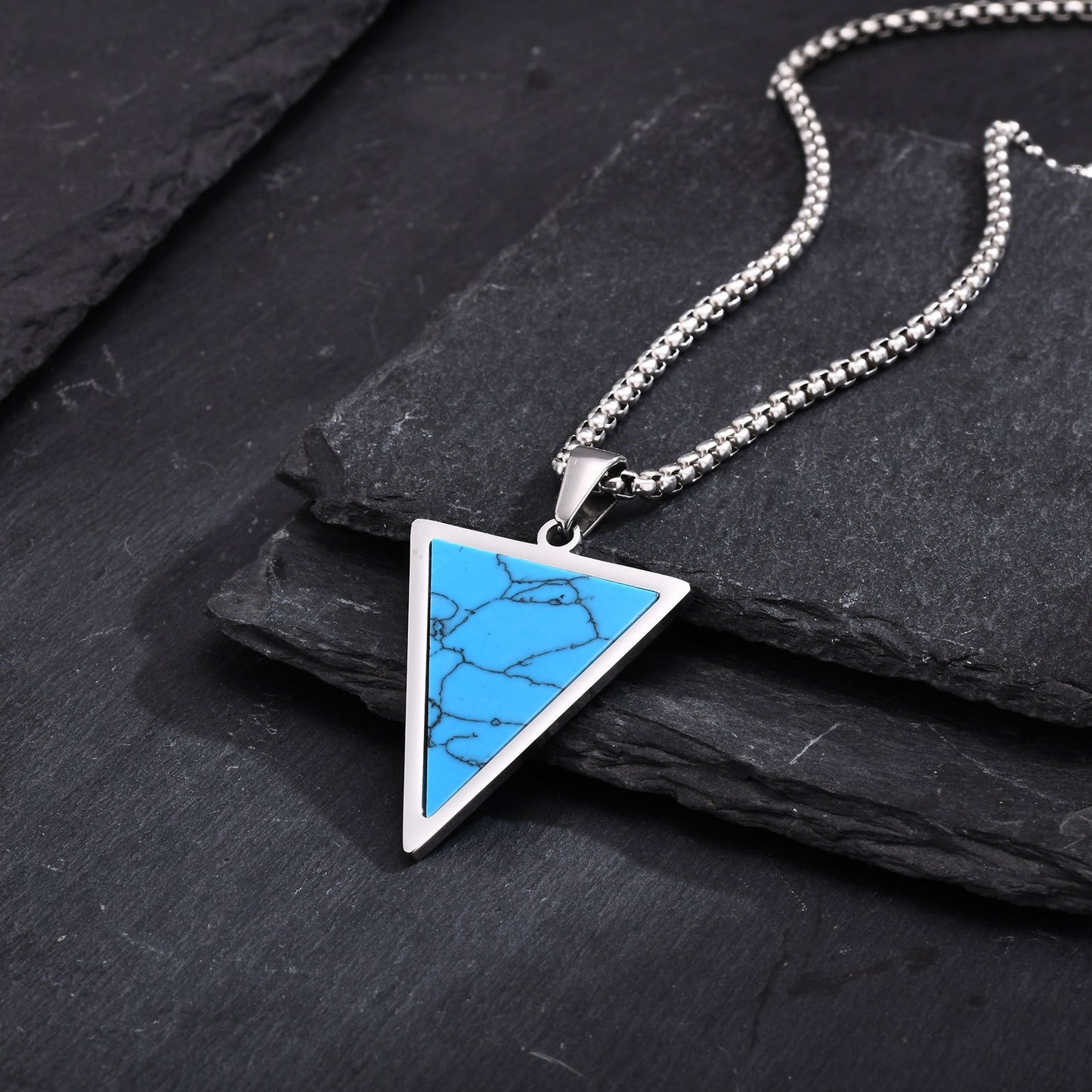 Kemstone Stainless Steel Turquoise Triangle Pendant Necklace – Geometric Stone Charm for Men PN-2023