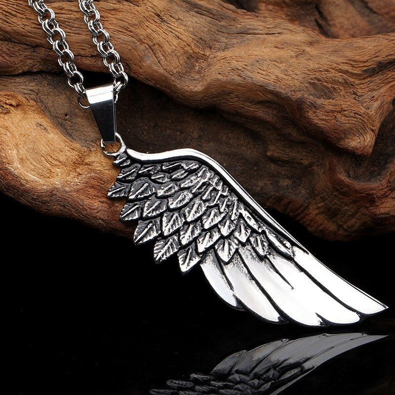Kemstone Angel Wing Feather Titanium Steel Pendant Necklace for Men – Sculpted Silver KP39920