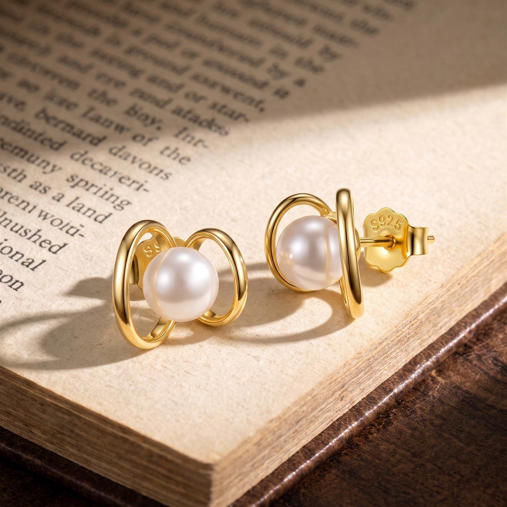 Kemstone Double Loop Shell Pearl Stud Earrings for Women 925 Sterling Silver PSE16