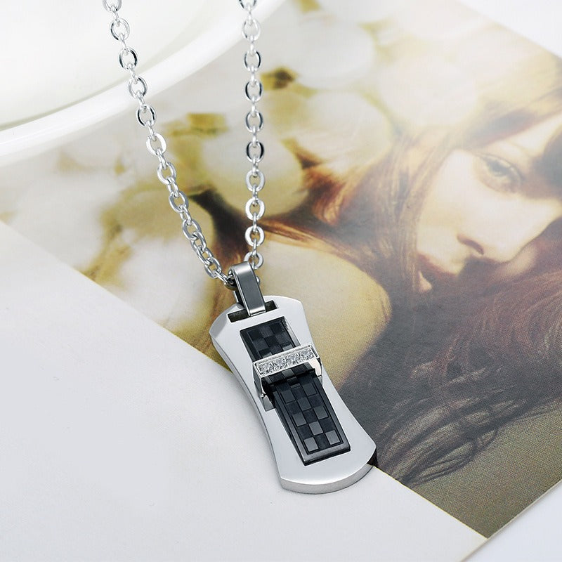 Kemstone Black Bar Pendant Necklace for Men Stainless Steel Geometric Cubic Zirconia Accent TN0373