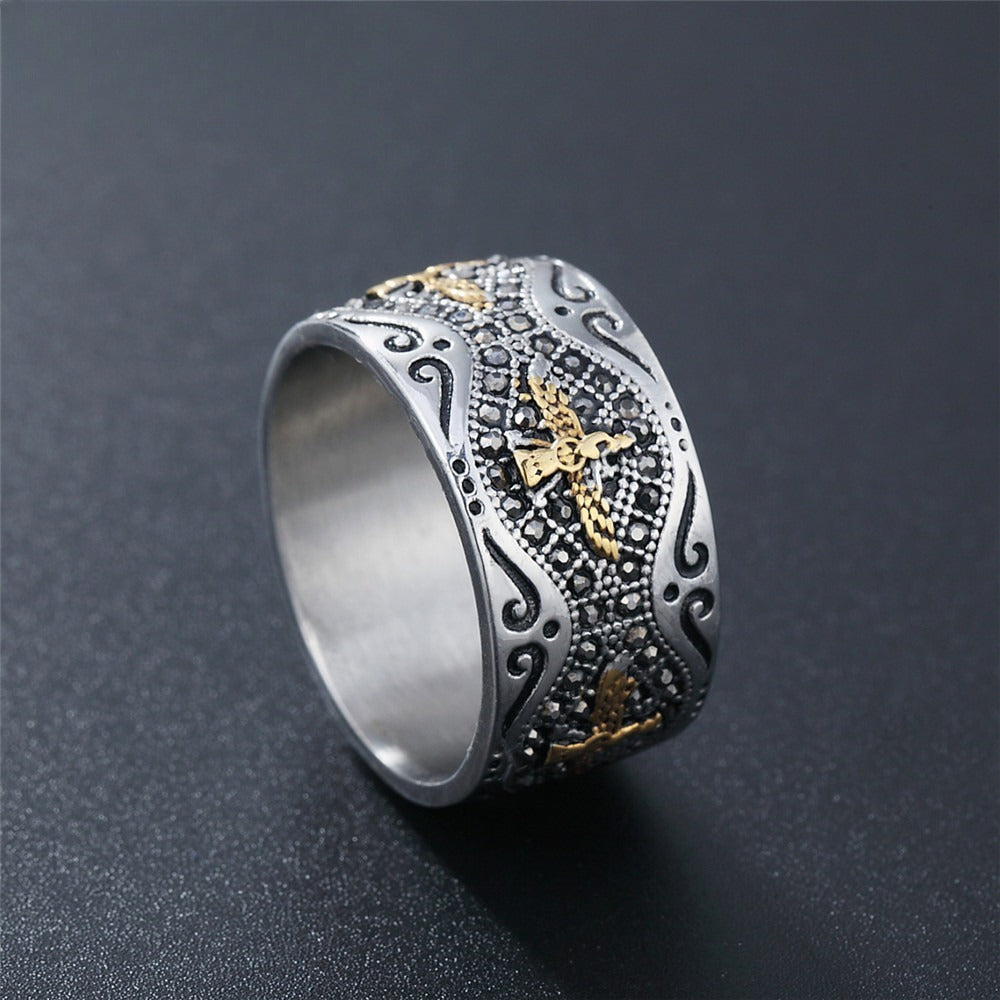 Kemston Titanium Steel Eagle Ring for Men Vintage Gold Detail Wide Band R0483