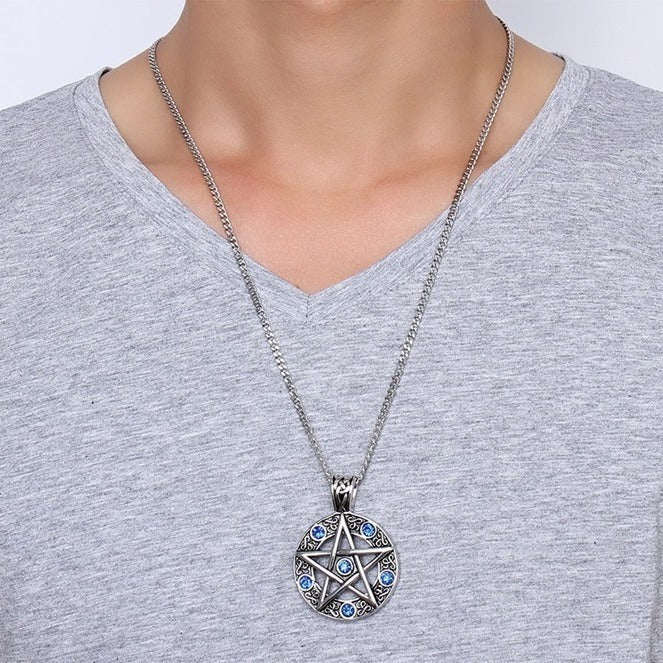 Kemstone Titanium Steel Pentagram Necklace for Men – Blue CZ Gothic Pendant PN-567
