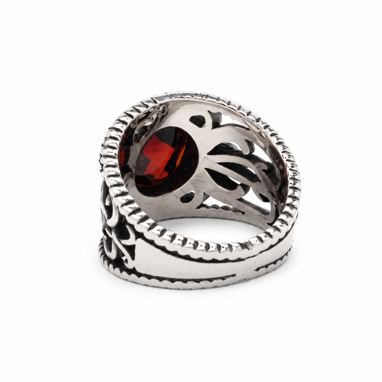Kemstone Vintage Stone Inlay Signet Ring for Men Titanium Steel Hollow Filigree Design R1672