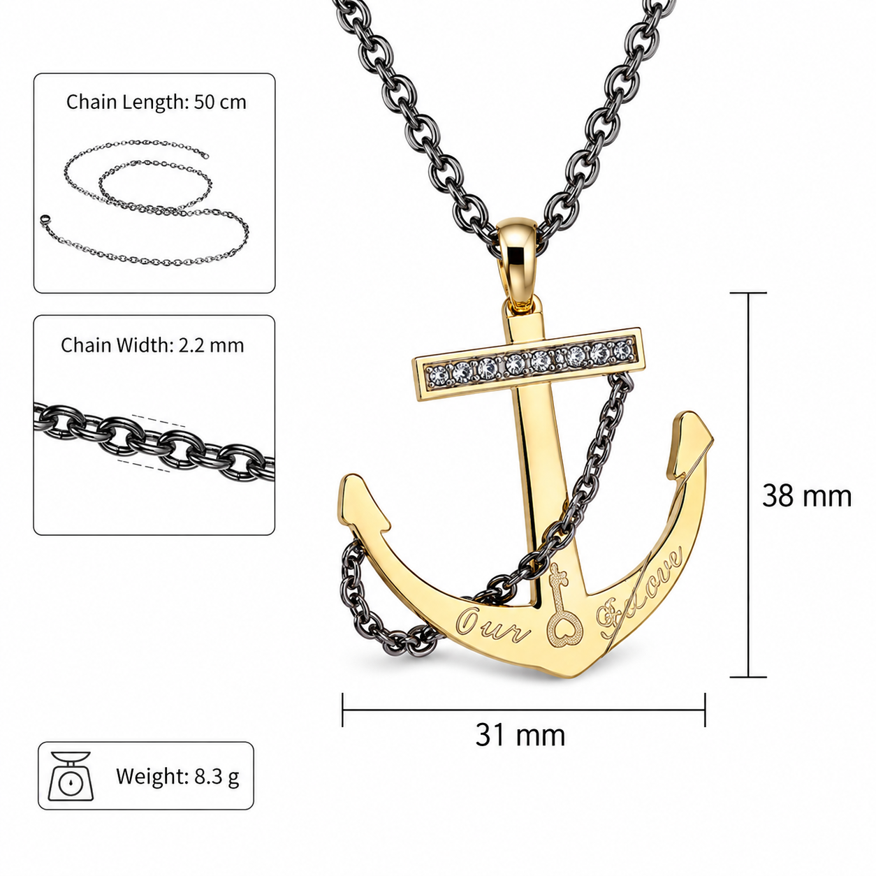 Kemstone Anchor Pendant Necklace for Men Titanium Steel Two Tone Detail TN0119