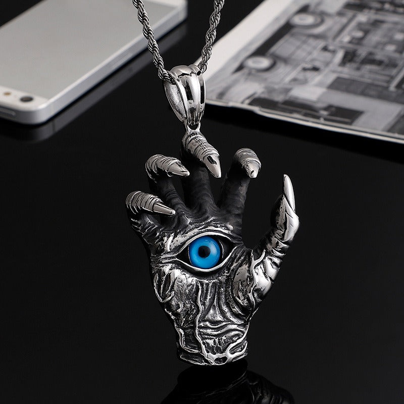 Collana con ciondolo in acciaio al titanio Kemstone Vintage con mano malvagia e occhio blu - Design audace con artiglio di drago per tutti i giorni KP80274
