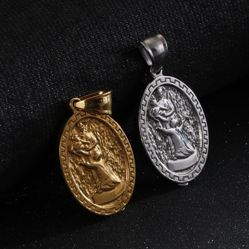 Kemstone Gothic Madonna Coin Pendant – Matte Alloy Necklace for Men with Vintage Religious Edge KP80836-Z
