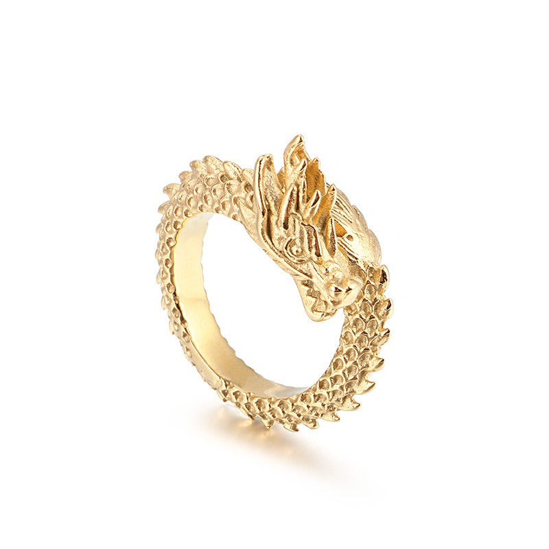 Kemstone Stainless Steel Bold Dragon Head Ring - Adjustable Open-End Ring for Men, Ethnic Retro Jewelry for Everyday Wear KR53285-K
