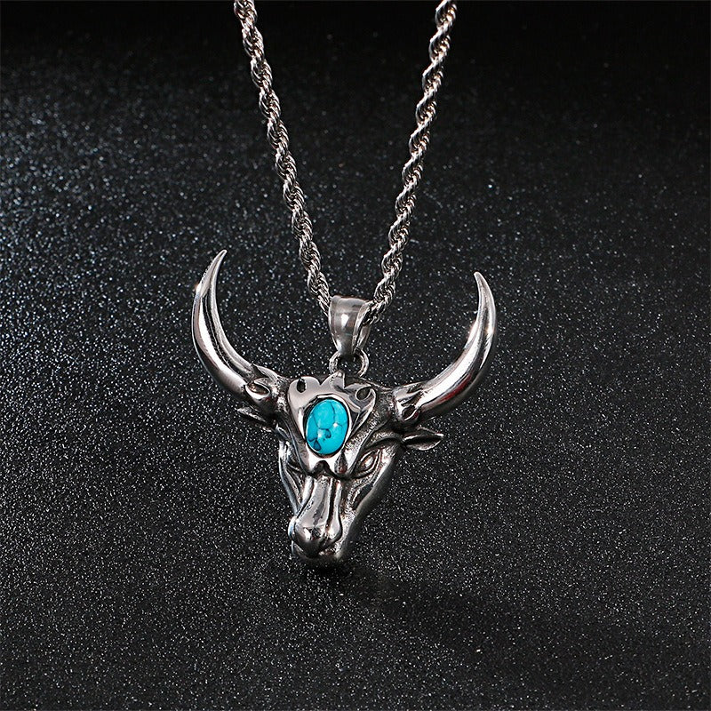 Kemstone Bull Horn Design Turquoise Titanium Punk Necklace - Stainless Steel Men's Accessories KP81530-K
