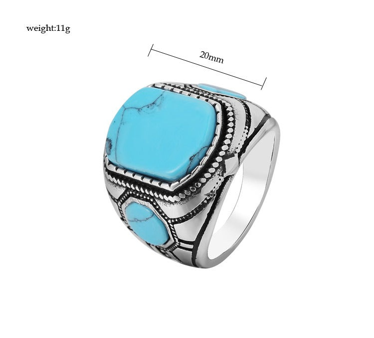 Kemstone Titanium Steel Turquoise Signet Ring for Men Vintage Stone R0584