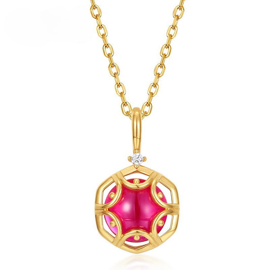 Kemstone Handcrafted Original Design Vintage Red Ruby Floral Pendant Necklace - S925 Sterling Silver with White Crystal