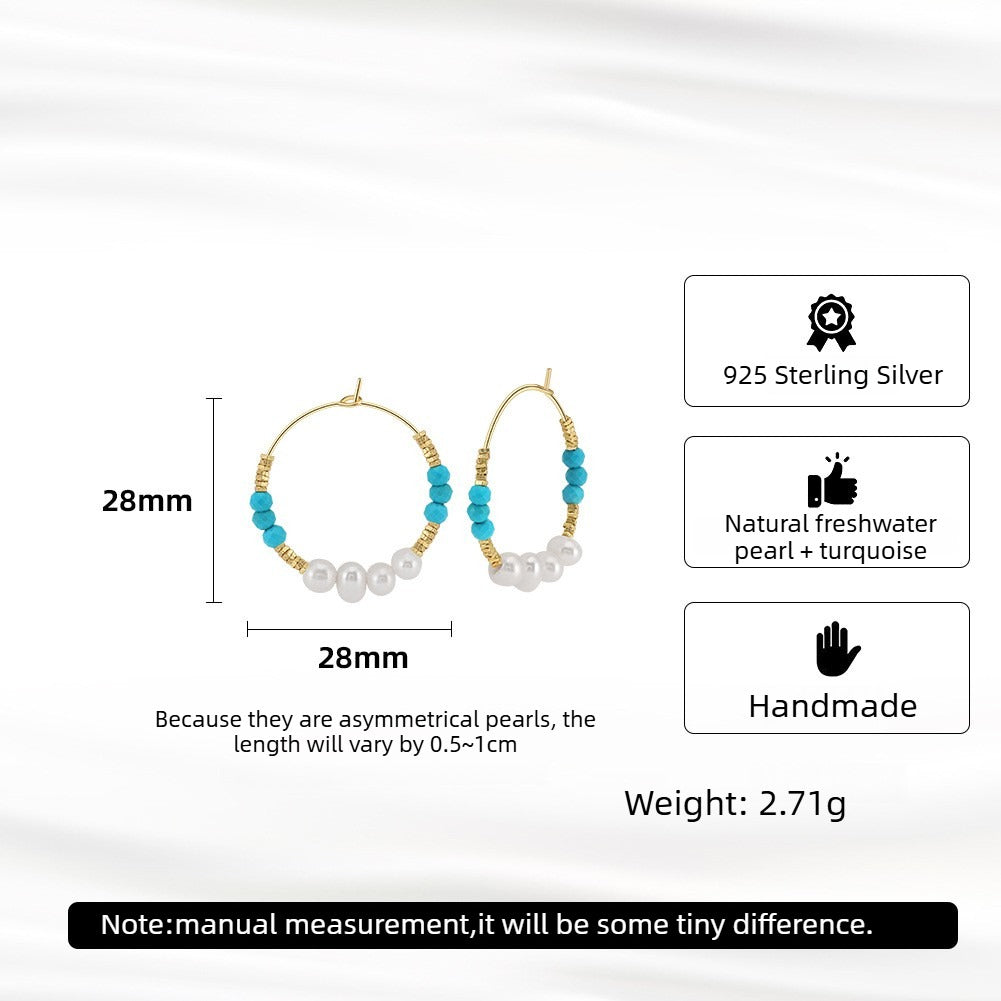 Kemstone 925 Sterling Silver Turquoise Pearl Hoop Earrings for Women Freshwater Pearl Vintage Style MPE07