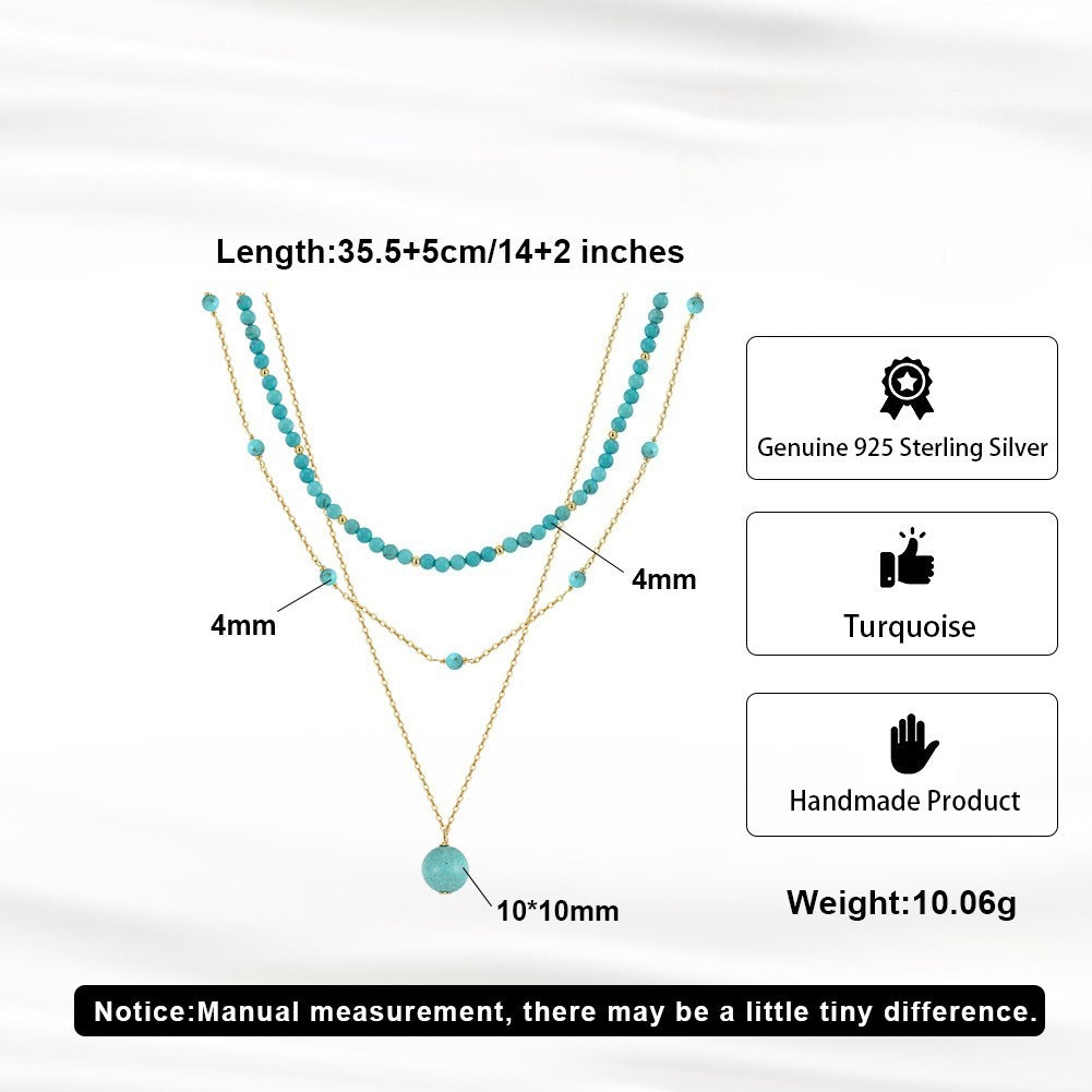 Kemstone 925 Sterling Silver Turquoise Layered Necklace for Women Beaded Double Chain BQN33