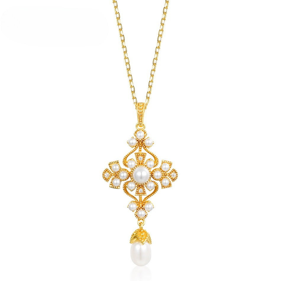 Kemstone Handcrafted Original Design Vintage-Inspired Freshwater Pearl Pendant Necklace, S925 Sterling Silver with 9K Gold Plating