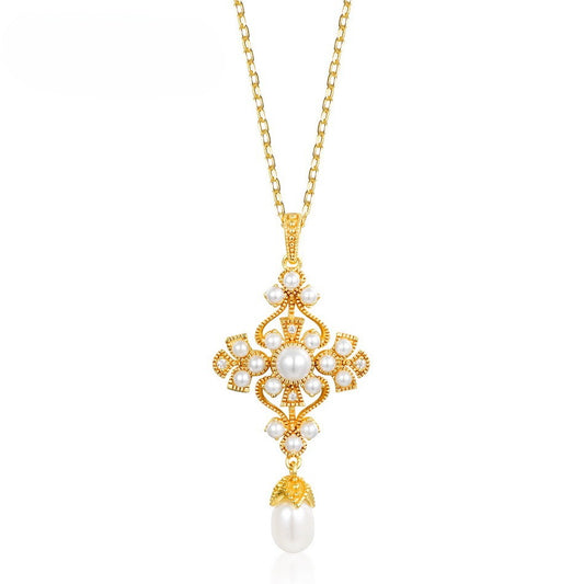 Kemstone Handcrafted Original Design Vintage-Inspired Freshwater Pearl Pendant Necklace, S925 Sterling Silver with 9K Gold Plating