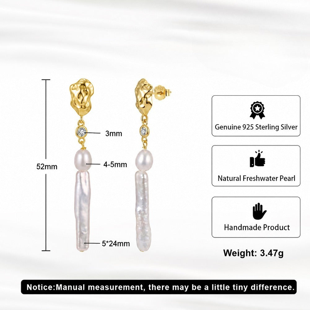 Kemstone Long Freshwater Pearl Drop Earrings for Women 925 Sterling Silver Textured Stud GPE153