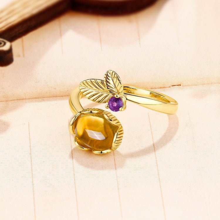 Anillos de citrino natural con diseño original, hechos a mano por Kemstone | Anillos de plata de ley S925 chapados en oro | Anillo abierto estilo bohemio con forma de flor para mujer | Anillos con piedras preciosas