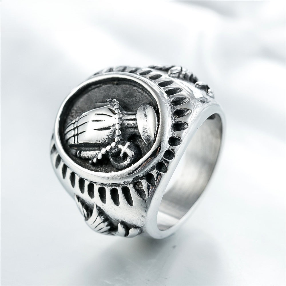 Kemstone Praying Hands Ring for Men Titanium Steel Dove Relief Vintage Oval R0297