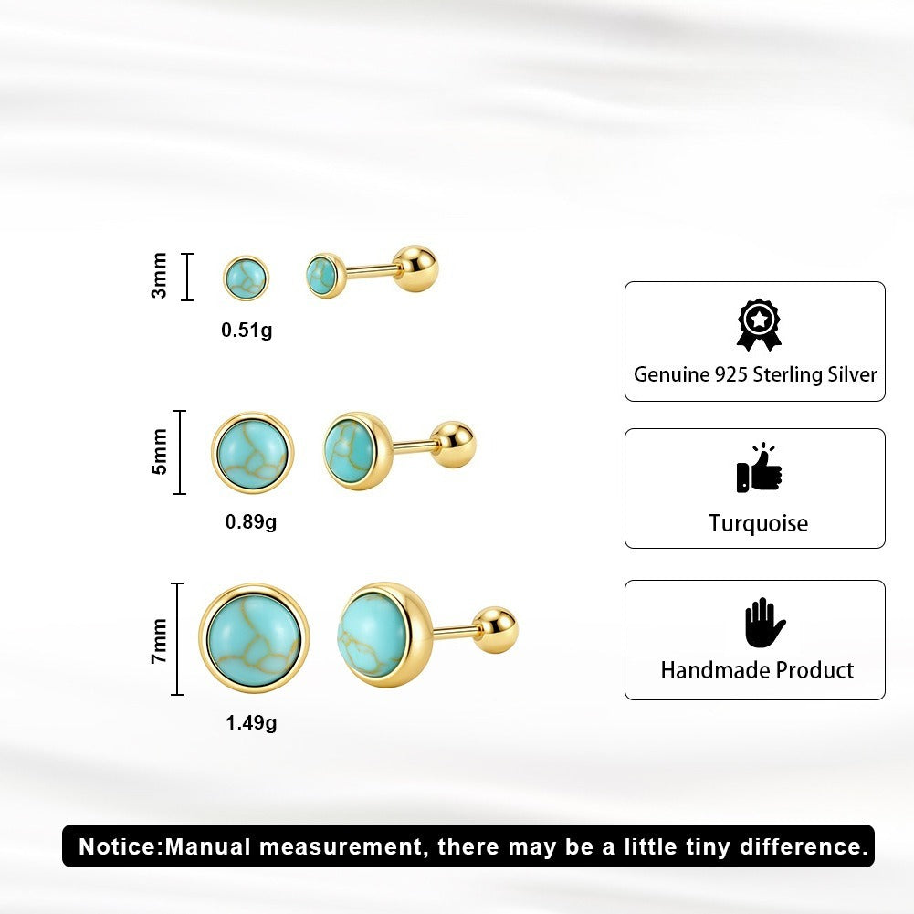 Kemstone 925 Sterling Silver Turquoise Stud Earrings for Women Round Bezel Gold Silver GME52