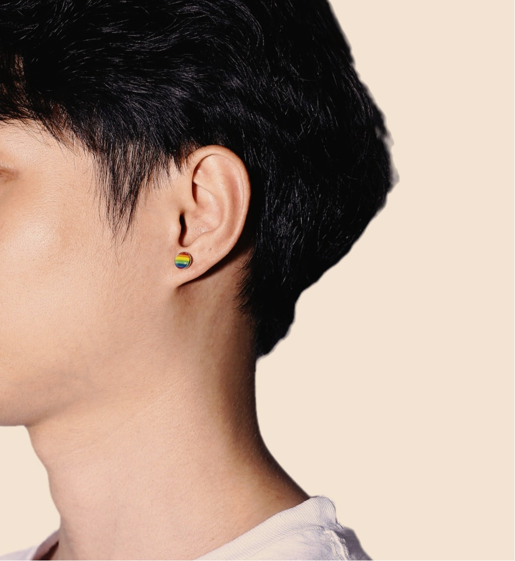 Rainbow Dumbbell Stud Earrings – Stainless Steel Pride Ear Jewelry | Street Gothic Color Edge PE-005
