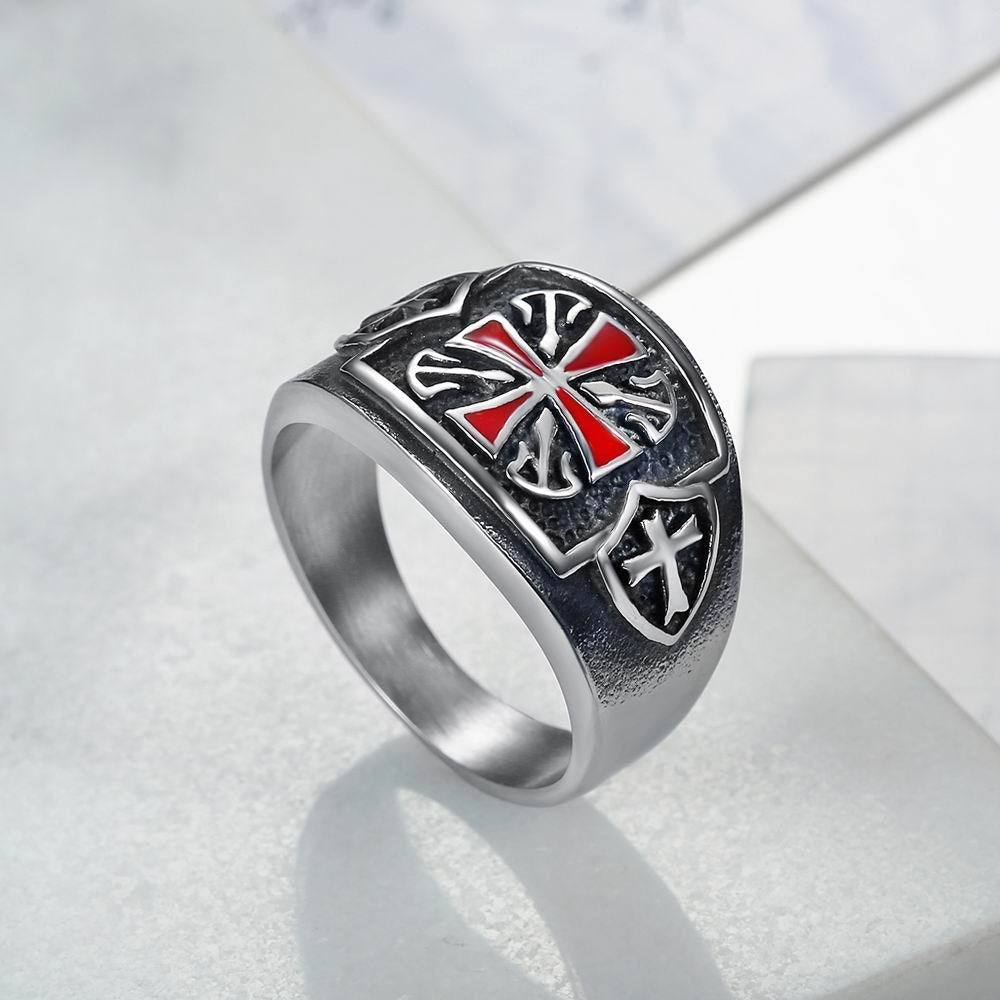 Kemstone Titanium Steel Cross Signet Ring for Men Red Accent TR0075
