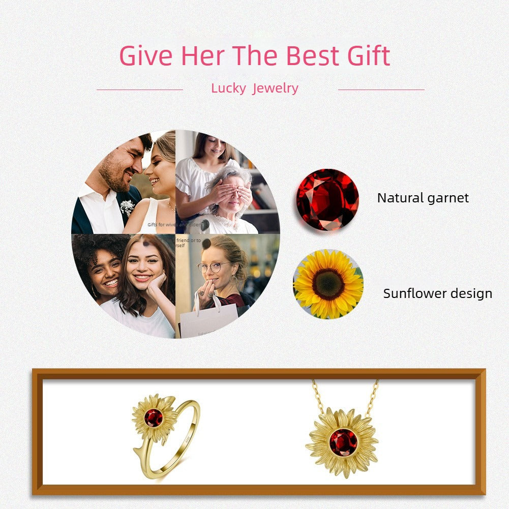 Kemstone 925 Sterling Silver Sunflower Garnet Pendant Necklace for Women Gold Plated Floral GMN22