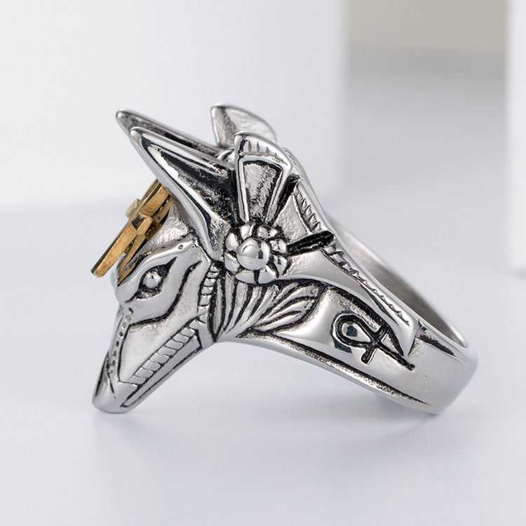 Kemstone Men’s Titanium Steel Anubis Egyptian God Ring – Silver K-R291