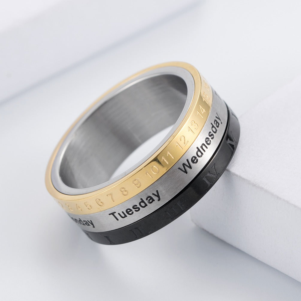 Kemstone Stainless Steel Calendar Ring for Men Roman Numeral Spinner Band K-R076