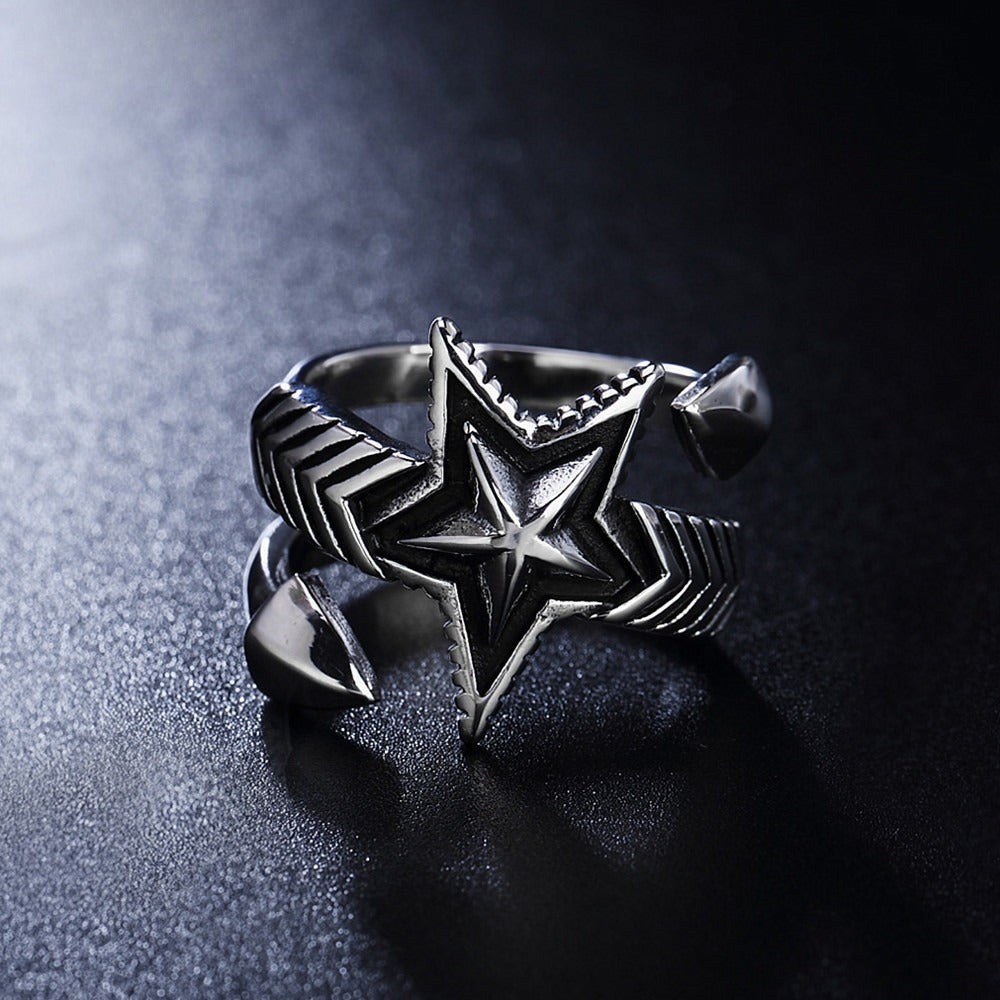 Kemstone Vintage Star Ring for Men Titanium Steel Black Detail R0050