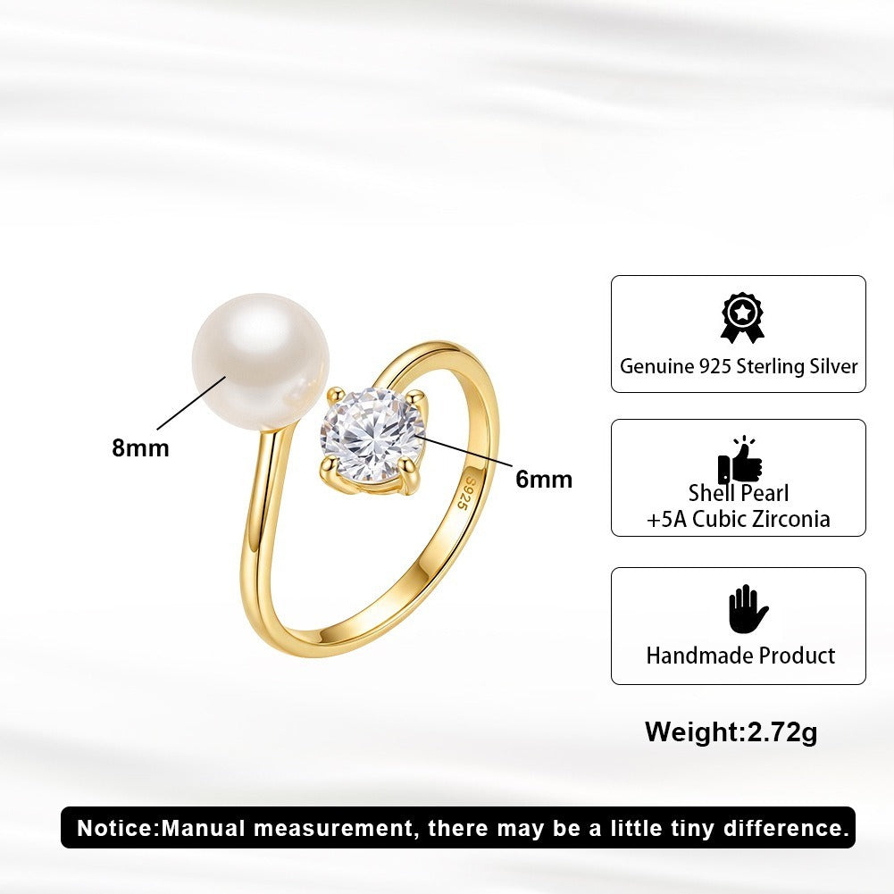 Kemstone Pearl Open Ring for Women 925 Sterling Silver Cubic Zirconia PSR01