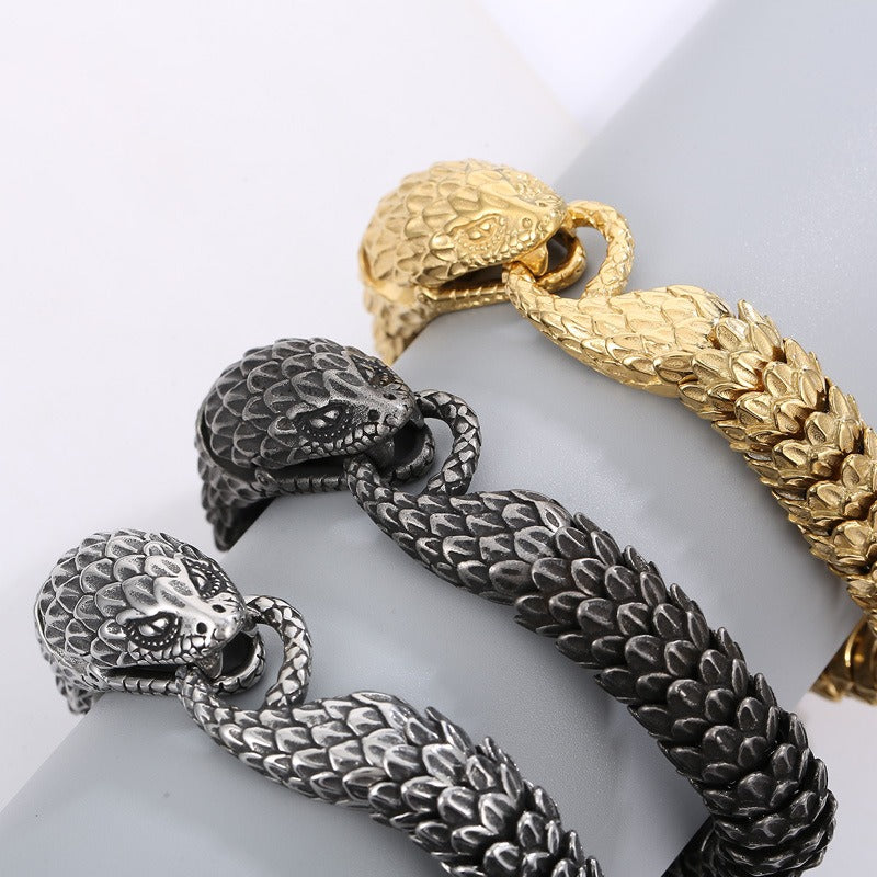 Kemstone Titanium Steel Snake Bracelet – Vintage Punk Serpent Style for Men KB144343-KJX