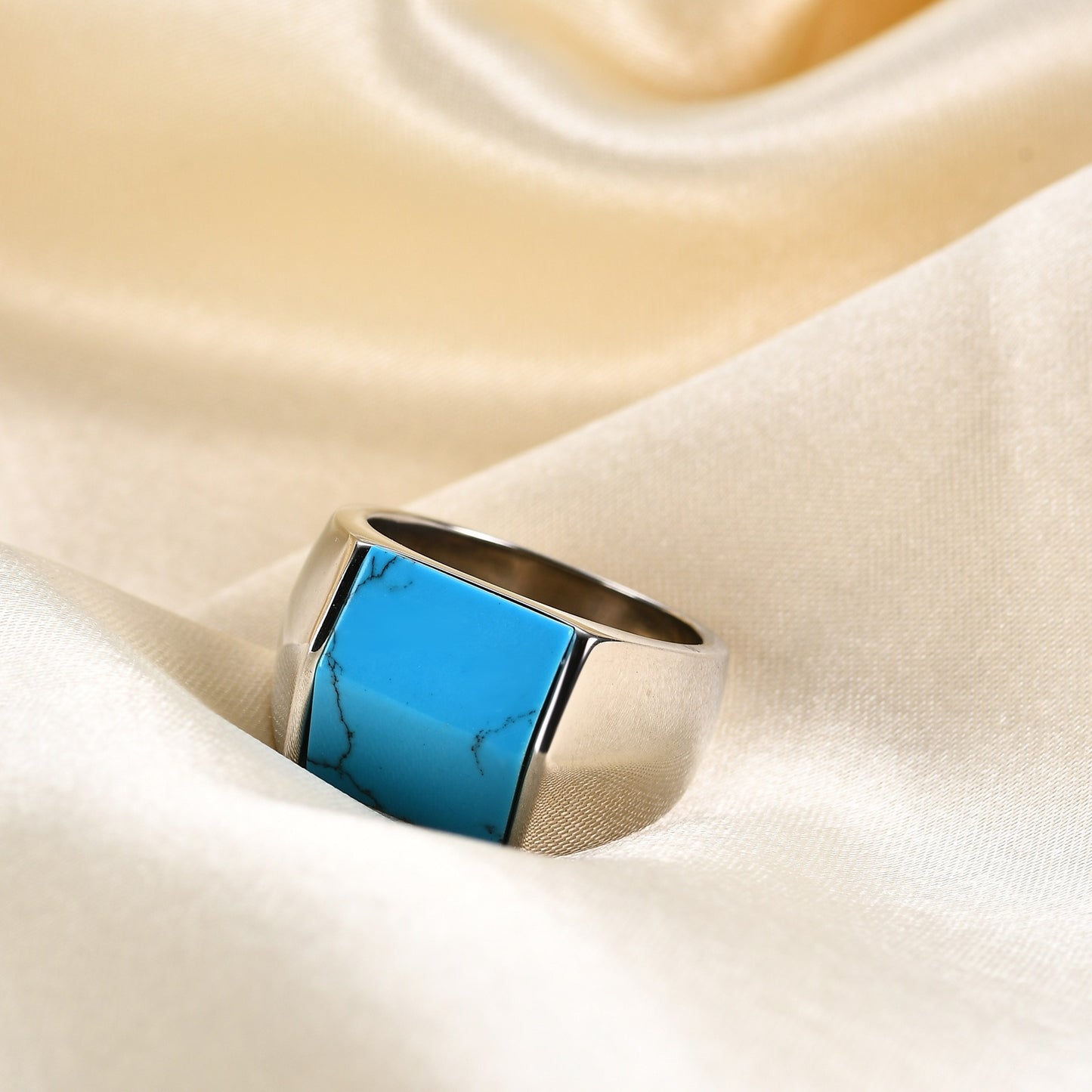 Kemstone Stainless Steel Turquoise Signet Ring for Men Vintage Square Stone CG1514