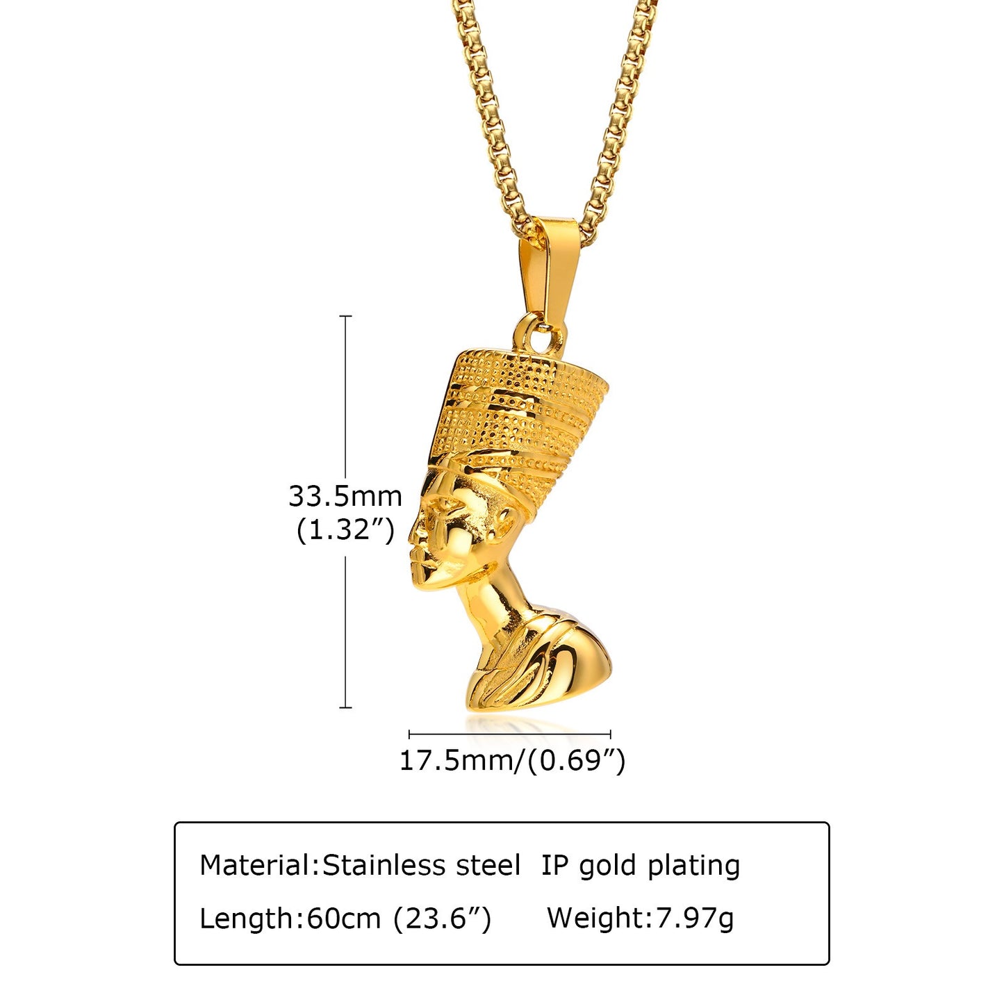 Kemston Nefertiti Pendant Necklace for Men Stainless Steel Gold Plated Egyptian Style PN-1628