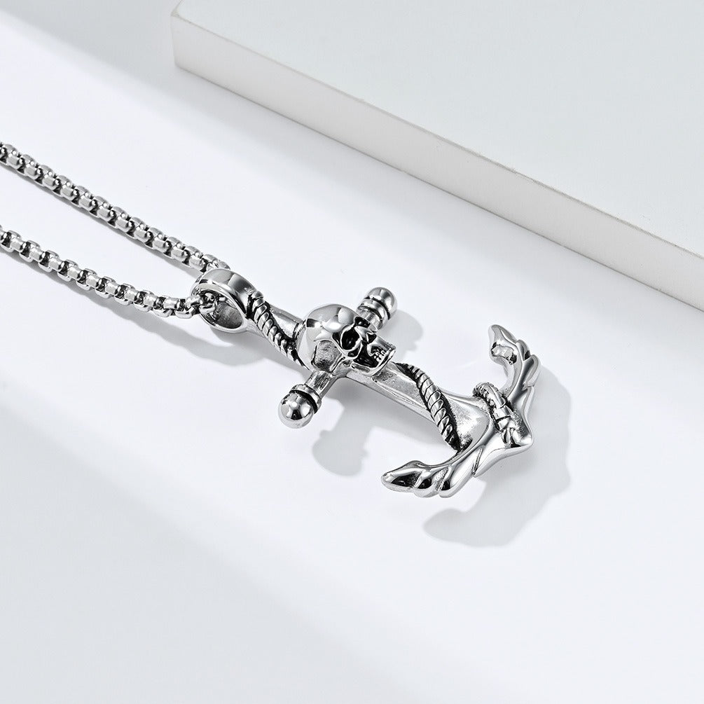 Kemstone Stainless Steel Anchor Skull Pendant Necklace for Men Nautical Gothic K-PT424