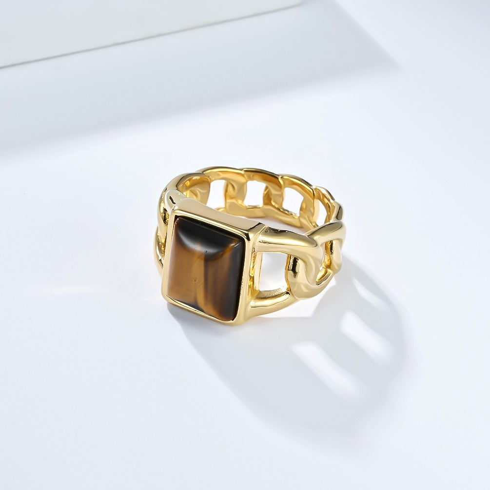 Kemstone Men’s Titanium Steel Cuban Chain Ring – Tiger Eye & Black Stone Jewelry K-R998