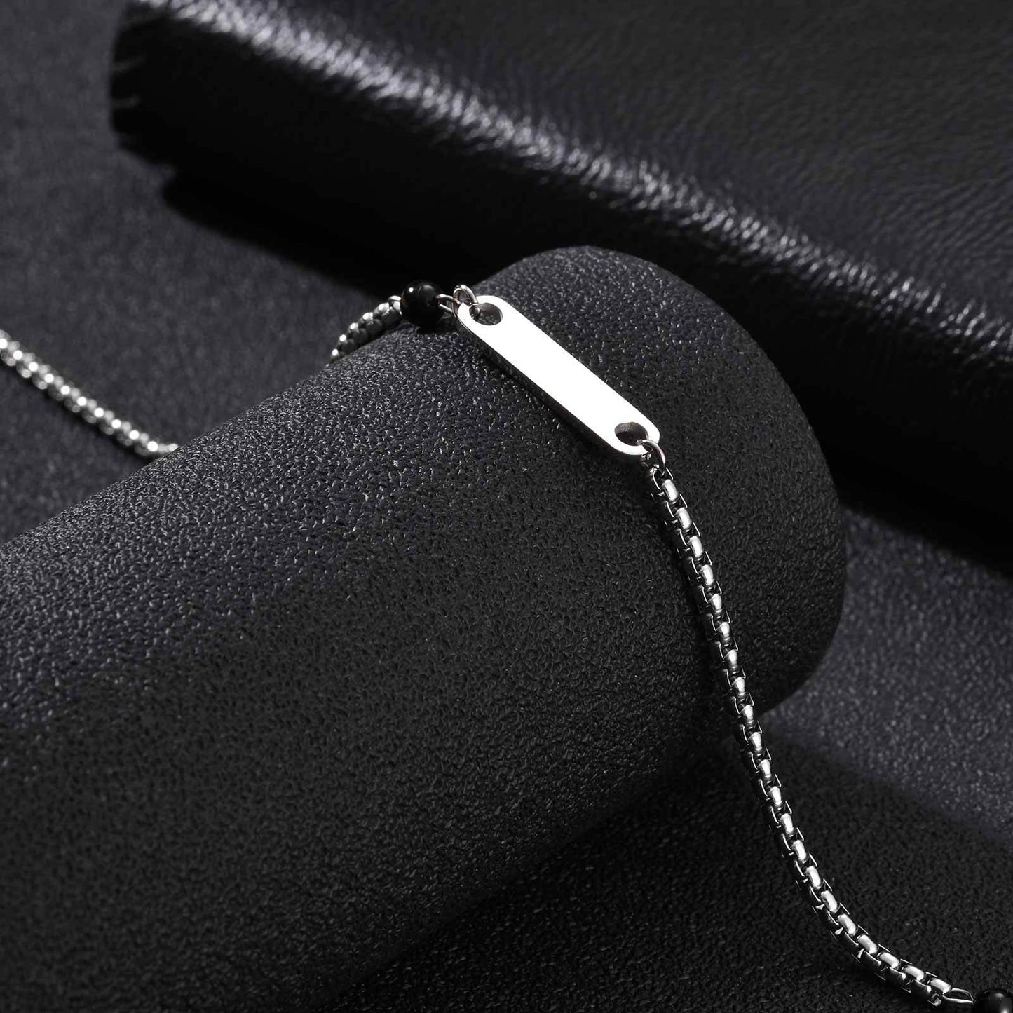 Kemston Stainless Steel Bar Pendant Necklace for Men Black Onyx Bead Vintage Style NC-2894