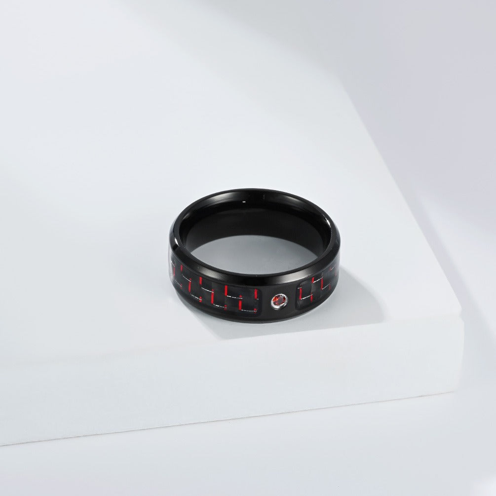 Kemstone Men’s Stainless Steel Cubic Zirconia Carbon-Fiber Ring – Black 8mm Modern K-R1098