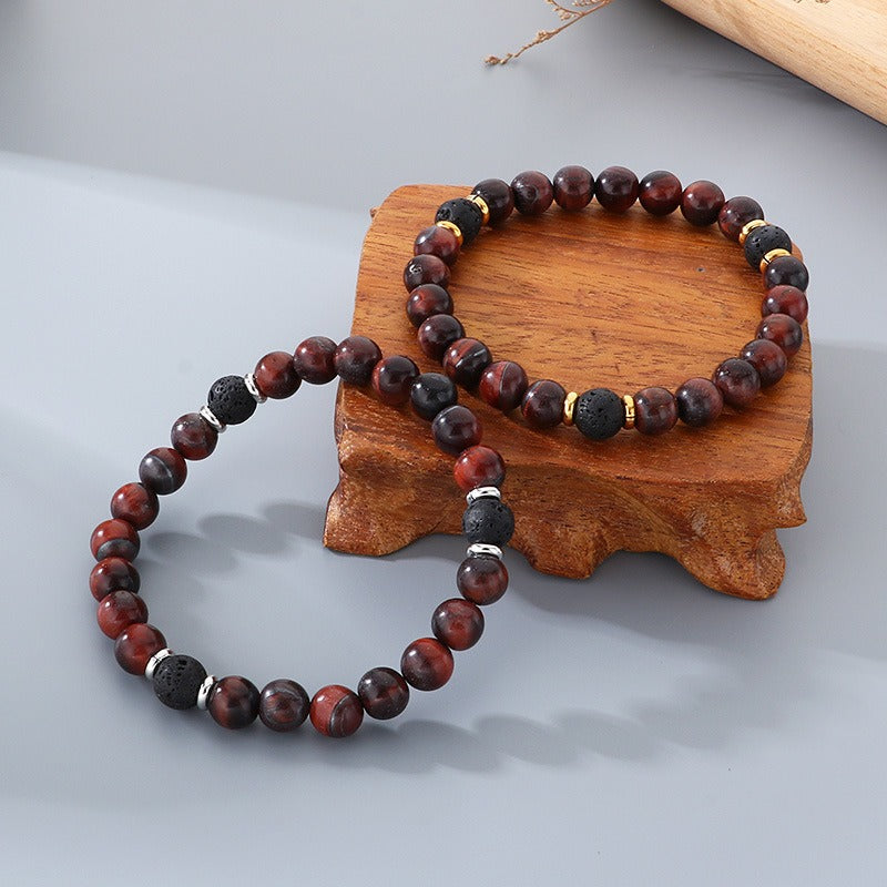 Kemstone Lava Stone Tiger Eye Bead Bracelet Elastic Natural Stone for Men Women KB210123-Z