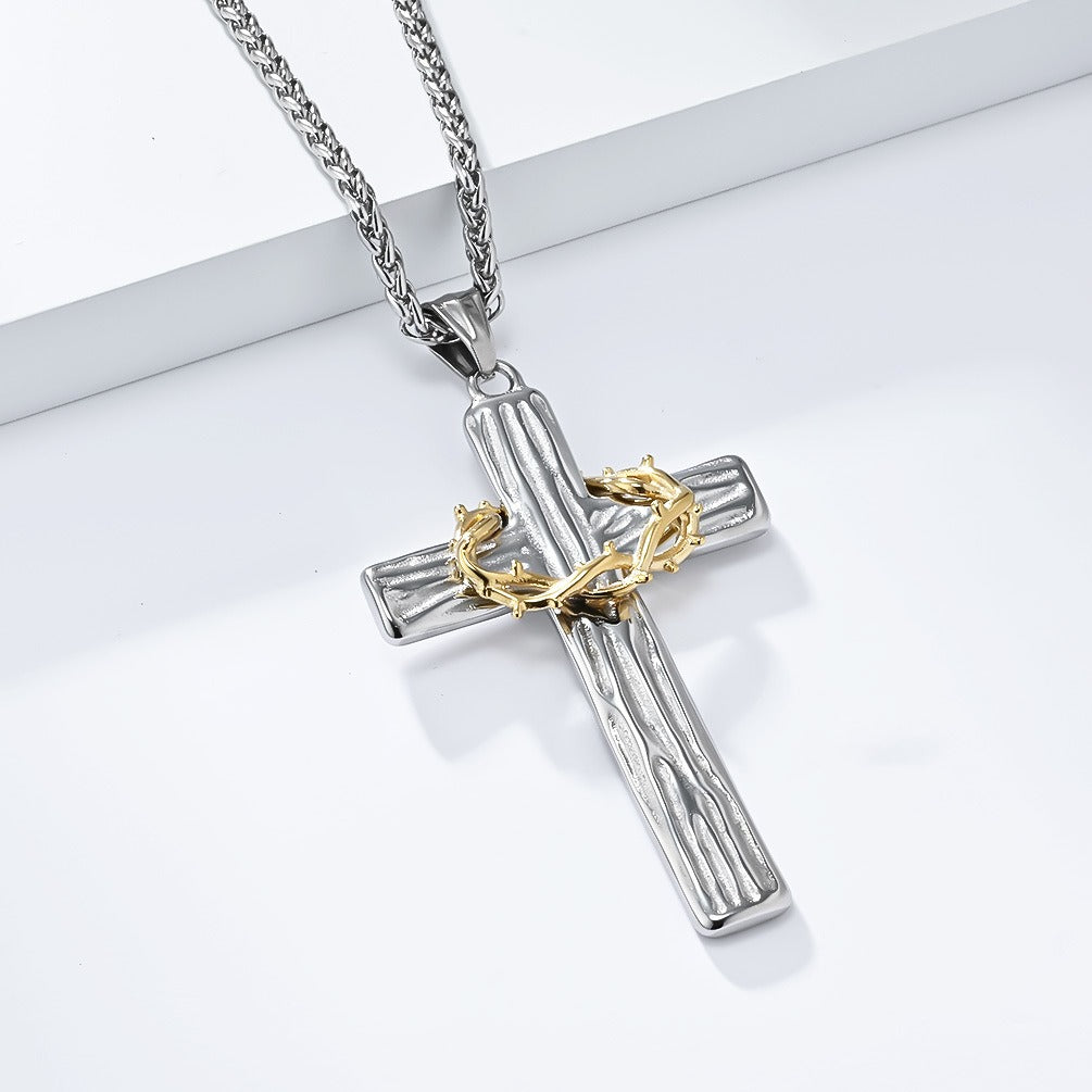 Kemstone Men’s Titanium Steel Cross Necklace – Vintage Wreath Pendant K-PT530
