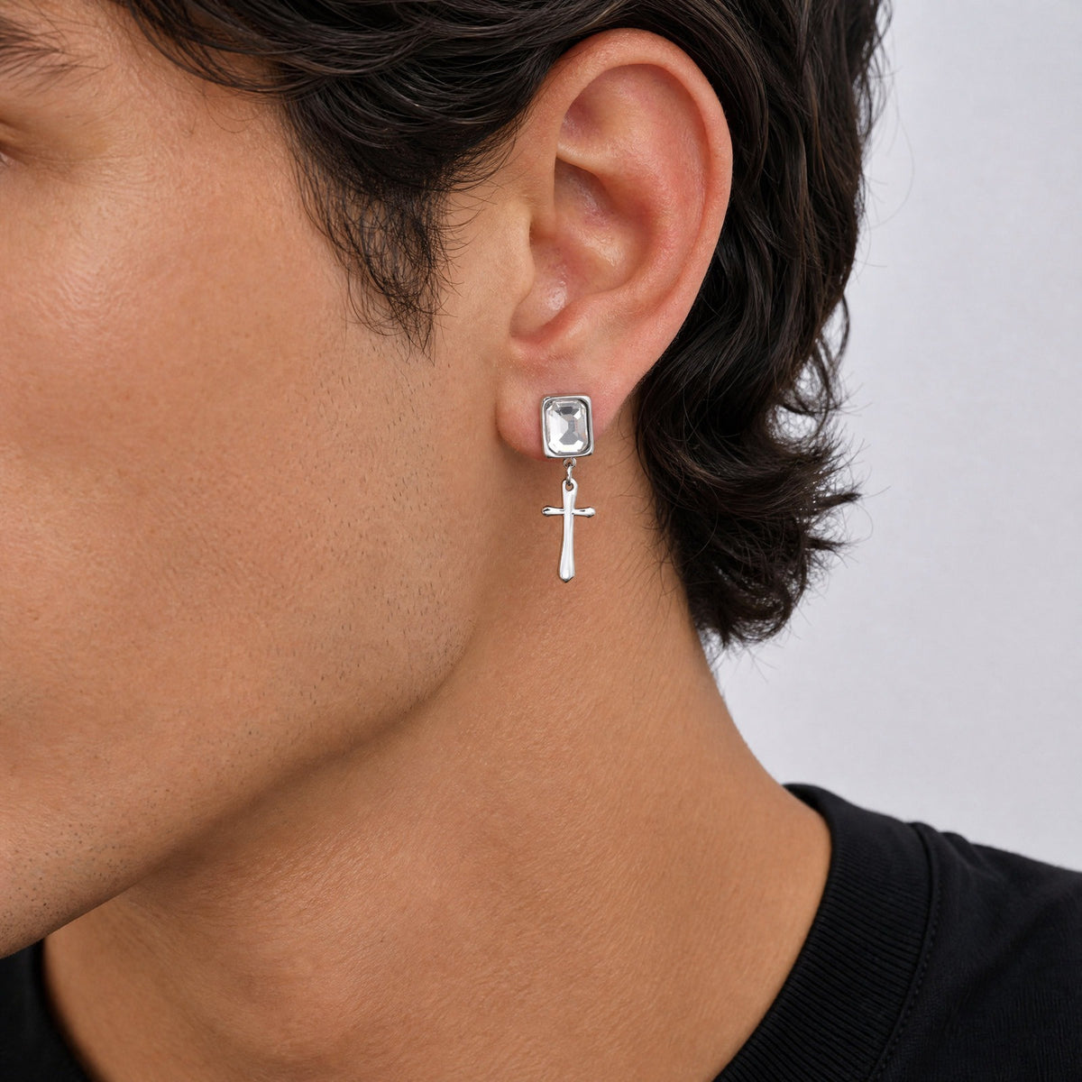 Kemstone Blue Crystal Cross Earring for Men Stainless Steel ED-1148