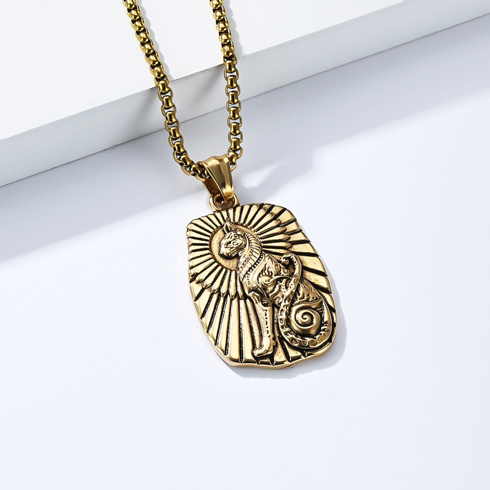 Kemstone Ancient Cat Symbol Stainless Steel Pendant Necklace for Men – Engraved Relief, Gold Silver K-PT699